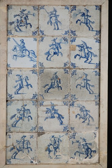 Tile field, fifteen tiles, blue on white, riders, corner motif of ox's head, tiled field wall tile tile sculpture ceramics