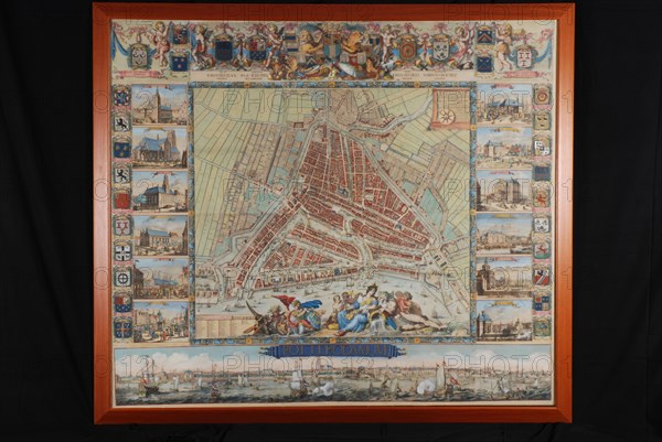 Johannes de Vou, Colored print, with frame, map of Rotterdam by Johannes de Vou, print visual material map map information form