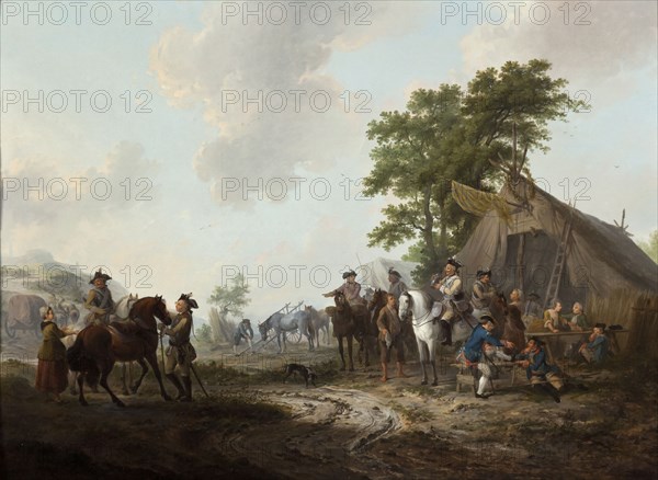 Dirk Langendijk, Hussars and infantrymen of regiments 'on Holland', at tent of vendor or marketer, painting footage wood oil