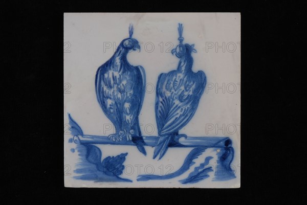 Jan Aalmis sr., Blue white tile with two falcons sitting on stick, wall tile tile sculpture ceramic earthenware glaze, baked 2x