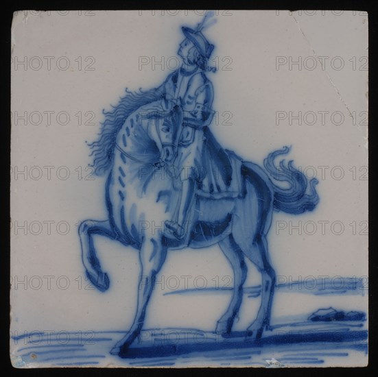 Jan Aalmis sr., Tile, blue on white, with an image of horseman, wall tile tile sculpture ceramic earthenware glaze, baked 2x