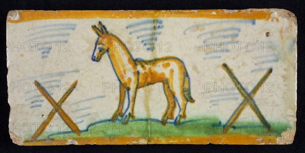 Border tile, donkey on grass with fence, edge tile wall tile tile sculpture ceramic earthenware glaze, in shape made baked