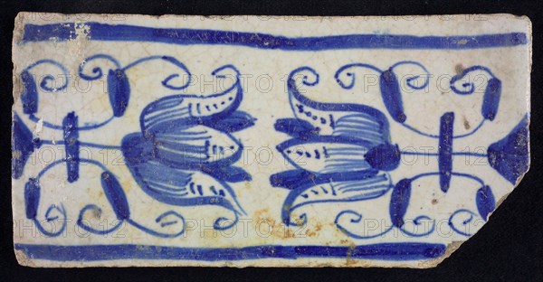 Blue border tile, waving floral pattern with tulips, above and below blue border, border tile wall tile tile sculpture ceramic