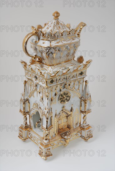 White with gold teapot and cup in cathedral-shaped holder, teapot tea cup cup crockery holder ceramic porcelain glaze h 11.0