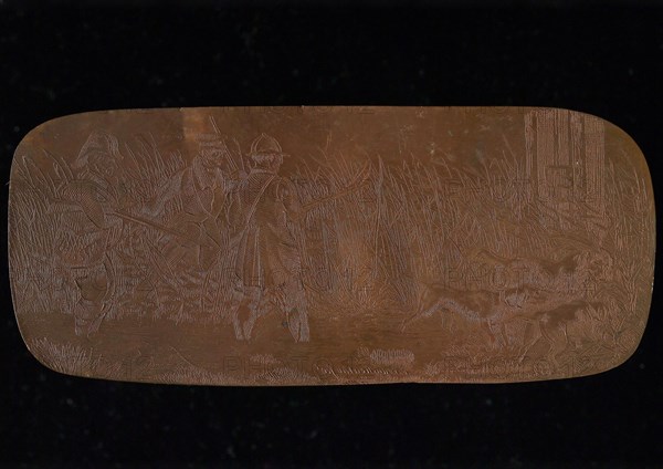 Copper cliché with hunters and dogs, cliché printer's equipment copper, engraved Red copper plate with three men