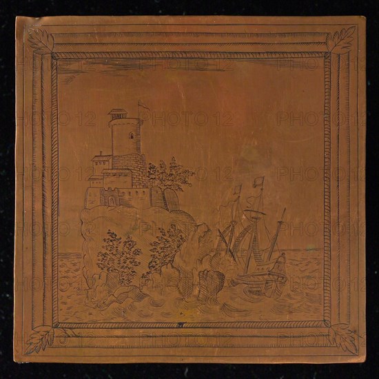 Copper cliché with ship and tower on rock, cliché printing equipment copper, engraved Red copper plate with three-master