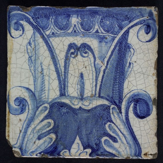 Blue tile of an upper part of corinthian column with volutes, upper part of pilaster with 13 tiles, red pottery, tile pilaster