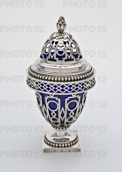Silversmith: Johannes Petrus Sondag, Silver potpourri pot, with ovoid open body with cap in the form of pine cone and blue
