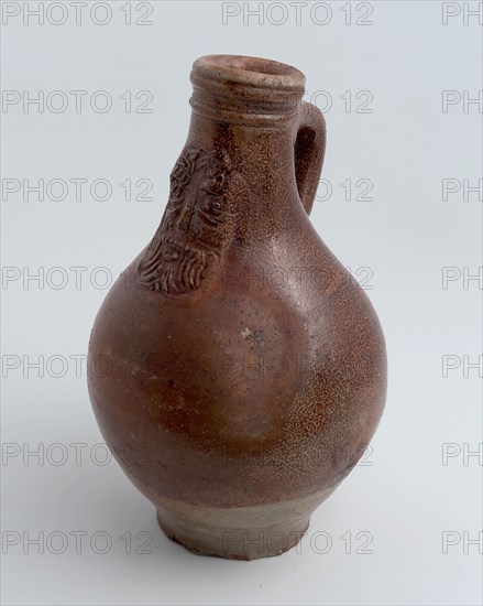 Stoneware Bartmann jug, also called Bellarmine jug, speckled glazed, sausage ear, on bottom with light soul, Bartmann jug