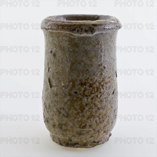 Stoneware ointment jar, white shard, entirely glazed in gray with occasional brown speckles, ointment jar pot holder soil find