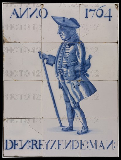 Tile panel, man with walking stick and bag under the arm, with the reyzende man, tile picture material ceramics pottery glaze