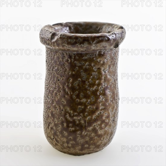 Stoneware ointment jar, cylindrical model, entirely glazed in gray and brown, ointment jar pot holder soil find ceramic