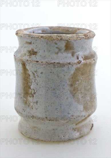Pottery ointment jar, cylindrical model with constrictions, entirely glazed in white, ointment jar pot holder soil find ceramic