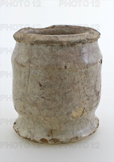 Pottery ointment jar, cylindrical model with constrictions, glazed entirely gray white, ointment jar pot holder soil find