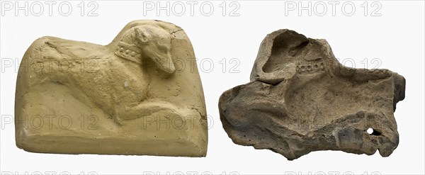 Pottery mold for sculpture of dog and two plaster casts, mold tool kit earth discovery ceramic pottery, hand shaped baked