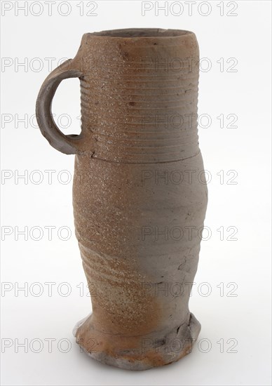 Stoneware jug, cylindrical model with wide vertical ear, on pinch, crockery holder soil find ceramic stoneware, hand-turned