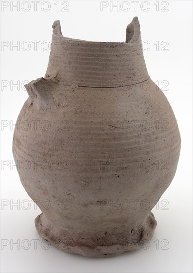 Fragment stoneware jug, sphere model with wide vertical ear, on squeeze foot, can crockery holder soil find ceramic stoneware