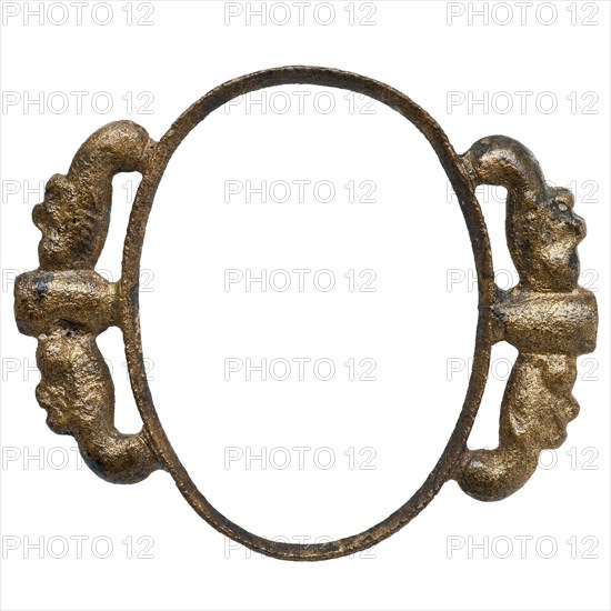 Brass oval, wire-shaped with ornaments, artifact soil found brass metal, cast Copper oval Side edged ornaments with hole