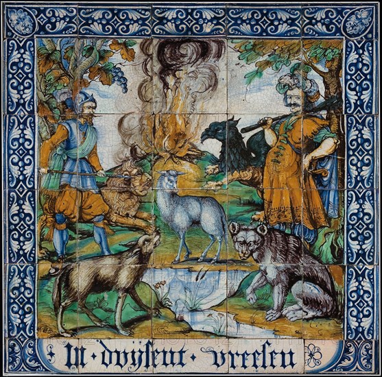 Claes Jansz Wijtmans (ca. 1570 - 1642), Tile panel in Duijsent Fears, tile picture ceramic earthenware glaze, to 1.0 baked 2x