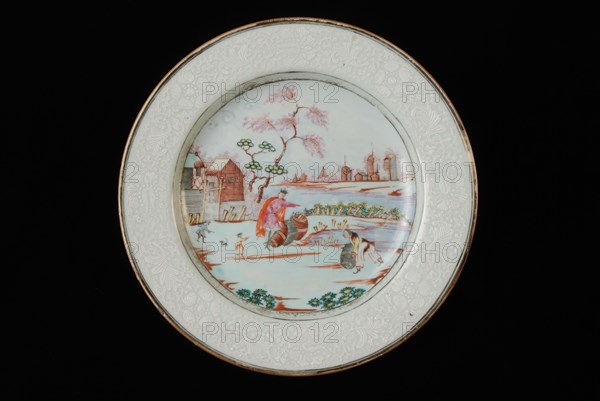 Plate with image Tsar Peter the Great in Zaandam (1697), plate crockery holder ceramic porcelain glaze, baked glazed painted