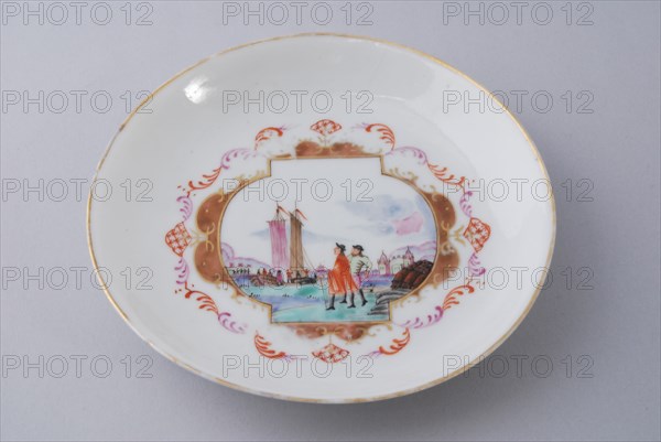 Dish with image of western men on quay and boats on river, cup and saucer drinking utensils tableware holder tableware ceramics