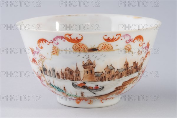 Cup with picture boat on river and meeting westerners with crowned man, Tsar Peter, cup and saucer drinking utensils tableware