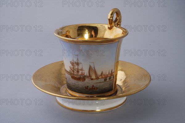 Cup and saucer, part of coffee and tea service with cityscapes, cup and saucer coffee service tea set tableware ceramics