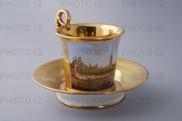 Cup and saucer, part of coffee and tea service with cityscapes, cup and saucer coffee service tea set tableware ceramics