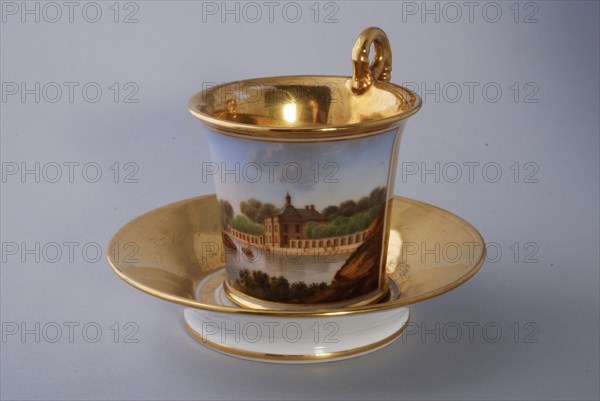 Cup and saucer, part of coffee and tea service with cityscapes, cup and saucer coffee service tea set tableware ceramics