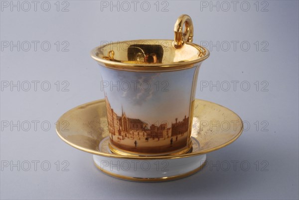 Cup and saucer, part of coffee and tea service with cityscapes, cup and saucer coffee service tea service tableware ceramics