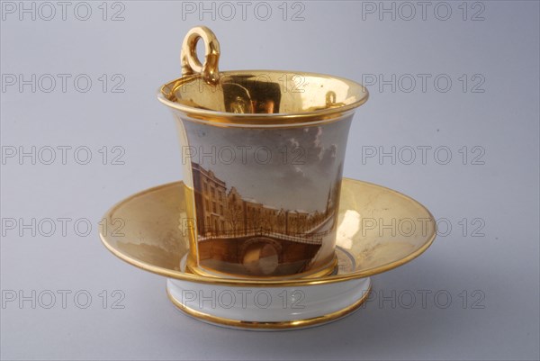 Cup and saucer, part of coffee and tea service with cityscapes, cup and saucer coffee service tea set tableware ceramics