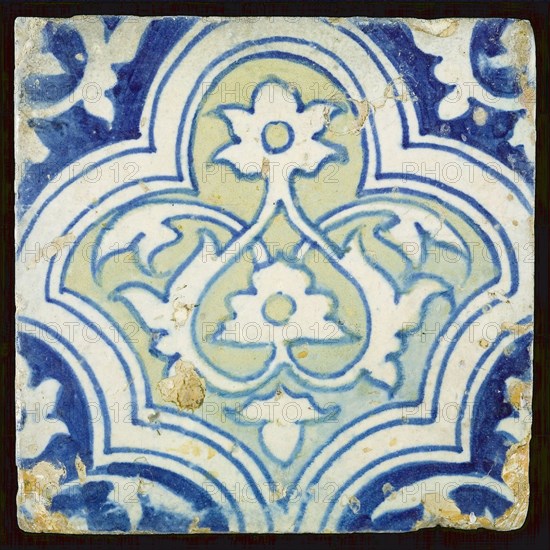 Polychrome ornament tile with braid band decor, blue and yellow, wall tile tile sculpture ceramic earthenware glaze, baked