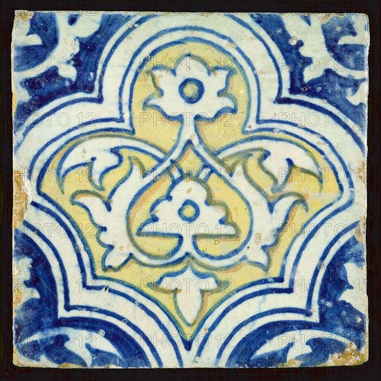 Polychrome ornament tile with braid band decor, blue and yellow, wall tile tile sculpture ceramic earthenware glaze, baked