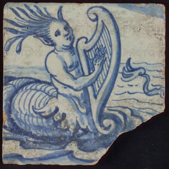 Scene tile, blue: harp playing merman at sea, wall tile tile sculpture ceramics pottery glaze, baked 2x glazed painted Ruddy