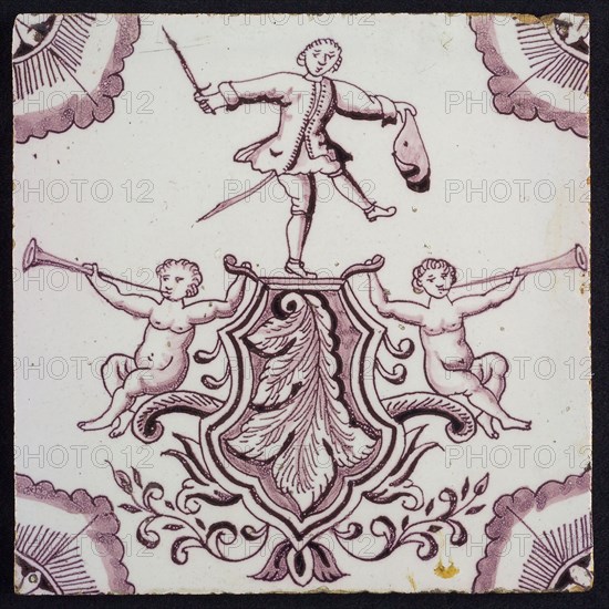 tile manufacturer: Aalmis, Cartouche tile, purple; acrobat, corner motif quarter rosette, wall tile tile material ceramics