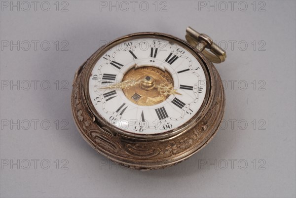 Pieter van den Bergh, Pocket watch with enamel dial with cut-out in the heart, with golden name and date disc with image
