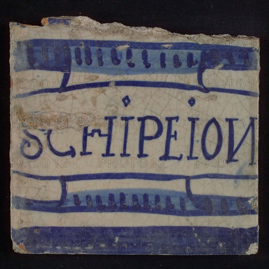 Tile, blue horizontal lines, partially colored, SCHIPEION, tile picture material fragment ceramics pottery glaze tin glaze