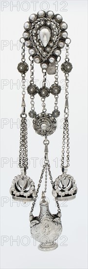 Silver chatelaine with two signets, watch key and vial, chatelaine clothing accessory clothing silver, Crochet chain knot