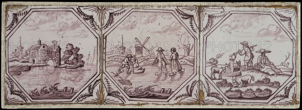Tile field, three tiles, all with scene decoration in octagon, manganese on white, cityscape, ice face and shepherd scene