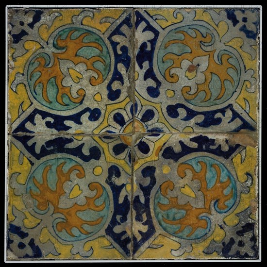 Tile field, four ornament tiles, diagonal décor, orange, blue, green and yellow on white, tile field wall tile tile sculpture