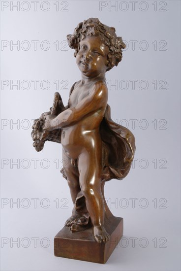 Simon Miedema, Cast bronze statue of child with wreath on head and flower basket in hand, autumn, from series the seasons