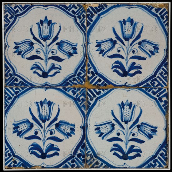 Tile field, four tiles, floral decor, blue on white, three-tiered braces with meanders, tiled field wall tile tile sculpture