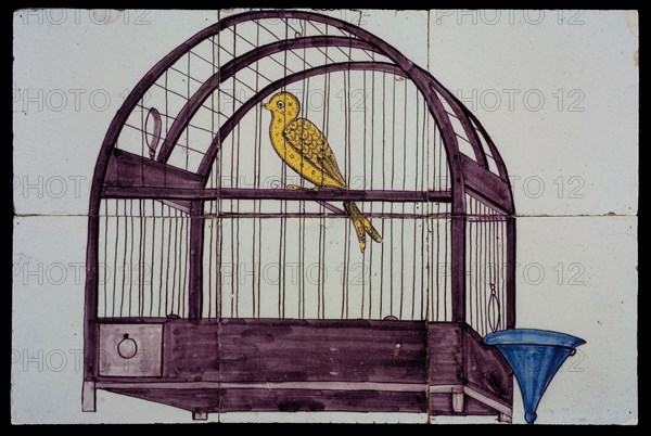 Van der Wolk, Tile panel, six tiles, yellow and purple on white, canary in bird cage with blue water tray, tile picture material