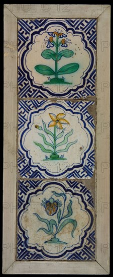 Tile field, three tiles, floral decor, orange, yellow, blue and green on white, corner motif meander, tiled field wall tile tile