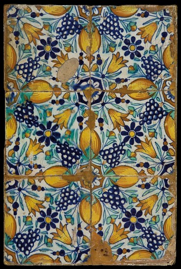 Tile field, six ornament tiles, central decor without frame, orange, yellow, green and blue on white, rosette with inwardly