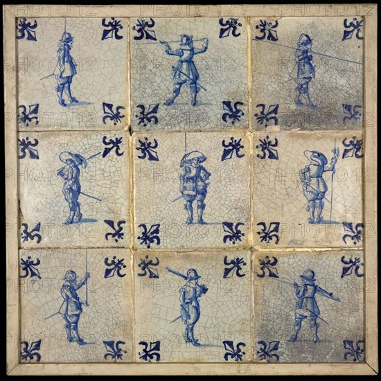 Tile field, nine tiles, blue on white, warriors, corner motif lily, tiled field wall tile tile footage ceramic earthenware glaze