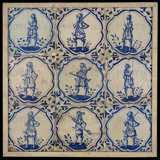 Tile field, nine tiles, blue on white, soldiers in brace frame, corner motif, tiled field wall tile tile sculpture ceramic