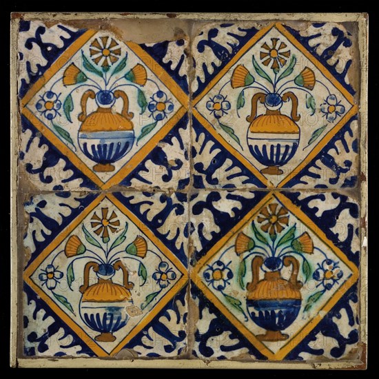 Tile field, four tiles, orange, green and blue on white, flowerpot in square, corner pattern palmet, tile field wall tile tile