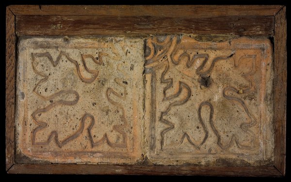 Tile field, two tiles, carved decor, yellow red-brown, leaf motif, tiled tile wall tile tile sculpture ceramics pottery, baked