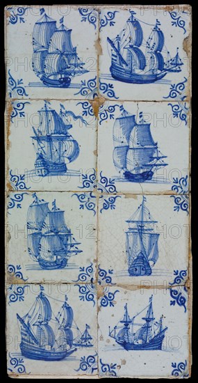 Tile field, eight tiles, blue on white, three-master, corner motif of ox-head, tile field wall tile tile sculpture ceramic